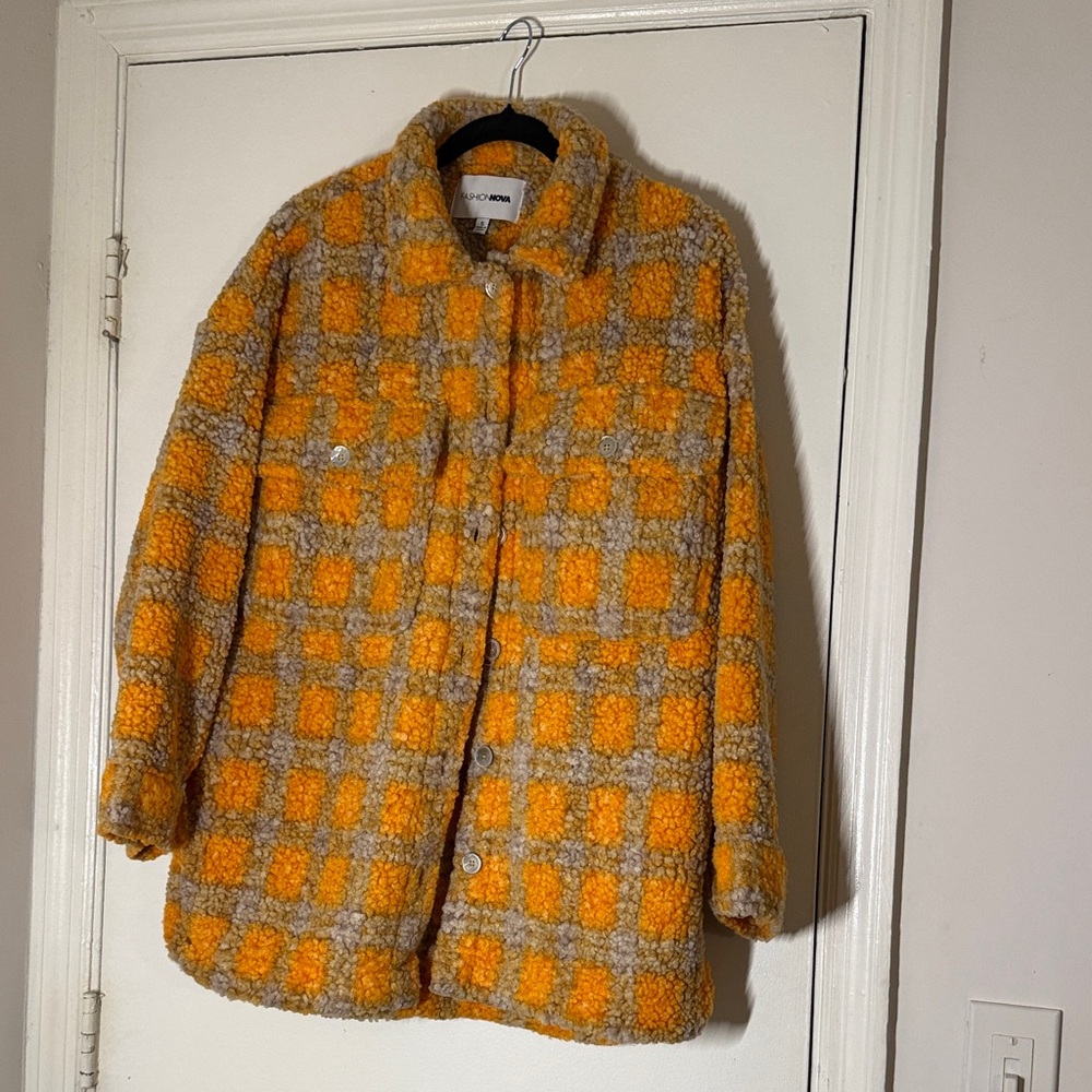 Fashion Nova Orange and Gray Plush Checkered Shacket